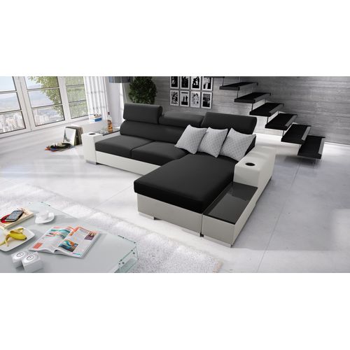 Ecksofa mit Schlaffunktion Eckcouch PERS I MAXI Sofa Rechts Schwarz Stoff Sawana 14 + weißes Kunstleder