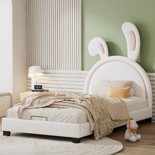 Weiß 90x200cm Polsterbett (Ohne Matratze) Kinderbett mit Lattenrosten und Rückenlehne, Mädchenbett in Hasenohrform mit erhöhten Füßen