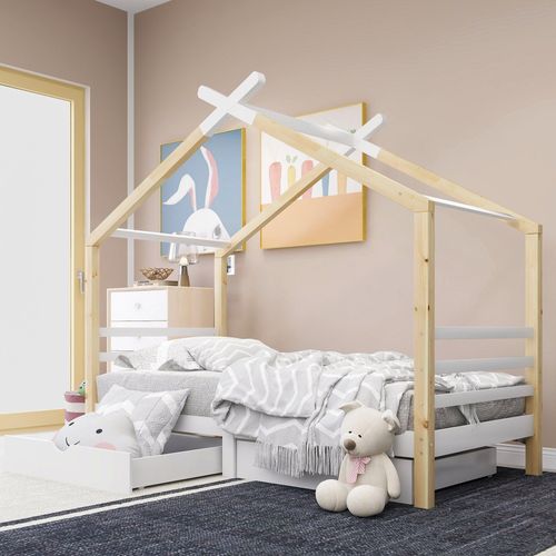 Natur & Weiß 90x200cm Kinderbett Hausbett (Ohne Matratze) mit Schubladen, Massivholz mit Lattenrost, Kiefernholz Hausbett , Kinder und Jugendzimmer