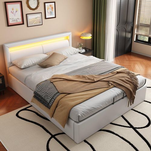 Weiß 140x200cm Polsterbett (Ohne Matratze) LED-Bettmit Lattenrost und Stauraum, mit beleuchtetem Kopfteil in diversen Farben Kunstleder & Holz