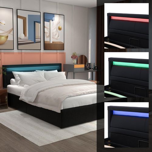Schwarz 140x200cm Polsterbett (Ohne Matratze) LED-Bett£¬mit Lattenrost und Stauraum, mit beleuchtetem Kopfteil in diversen Farben Kunstleder & Holz