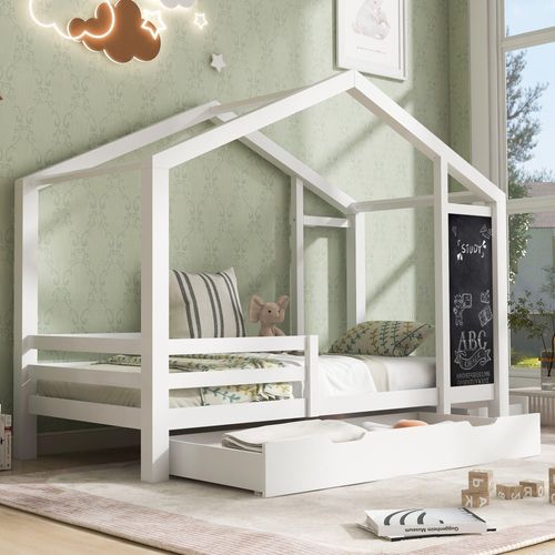 Kinderbett Hausbett Weiß 90x200cm (Ohne Matratze) Holzbett mit Tafel und 2 Schubladen, Massivholz mit Zaun und Lattenrost