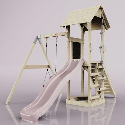 OutdoorToys Spielturm mit Wellenrutsche und Kinder-Schaukel, Outdoor Klettergerüst Garten, Ausführung: Babyschaukel, Farbe: Altrosa, mit Babyschaukel