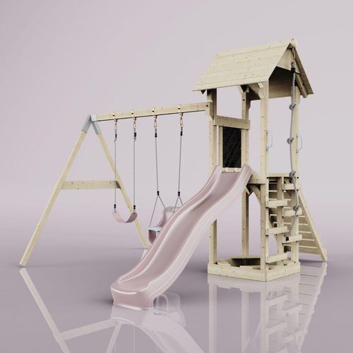 OutdoorToys Spielturm mit Wellenrutsche und Kinder-Schaukel, Outdoor Klettergerüst Garten, Ausführung: Babyschaukel, Farbe: Altrosa, mit Babyschaukel