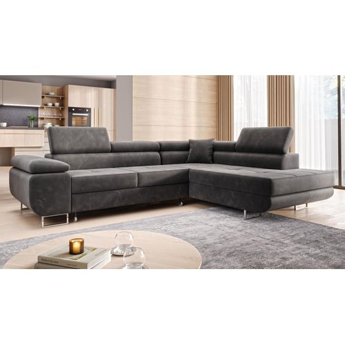 Wohnlandschaft Ecksofa Monaco Samt Grau mit Bett Bettkasten Kopfteilverstellung Bett Sofa Schlafsofa Ottomane rechts