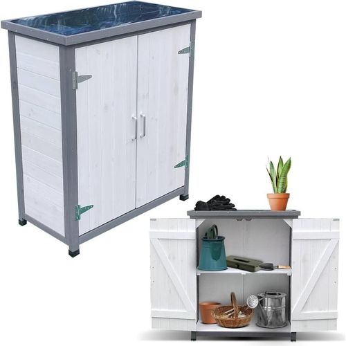 Mucola Geräteschrank Gerätehaus Gartenschuppen Schrank Schuppen Gartenschrank + 2 Türen Pflanztisch Mehrzweckschrank - Weiß/Grau