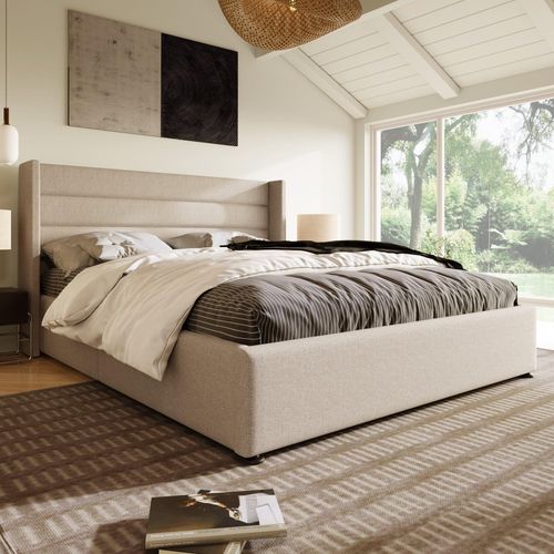 Beige Polsterbett 140x200 großes, gepolstertes Doppelbett mit hydraulischer Aufbewahrung (Ohne Matratze)
