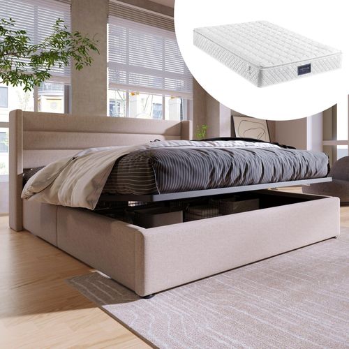 Beige 160x200cm Polsterbett Mit Matratze Stauraumbett Polsterbett Hydraulisch Doppelbett +Lattenrost
