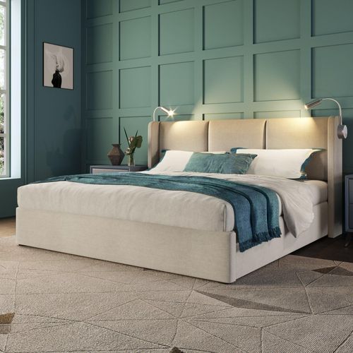 Beige 160x200cm Polsterbett Mit Stauraum Leselicht mit USB Ladefunktion Kopfteil Linen Doppelbett (Ohne Matratze)