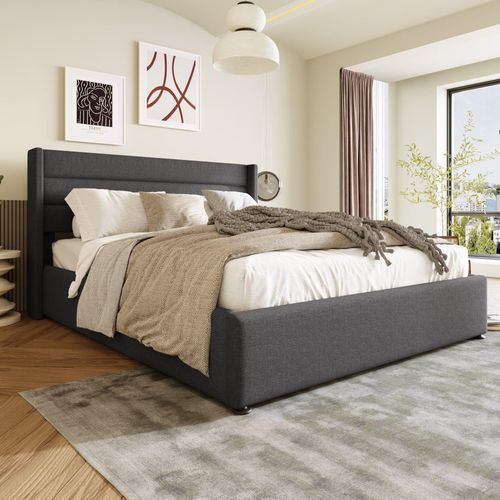 Grau Polsterbett 140x200 großes, gepolstertes Doppelbett mit hydraulischer Aufbewahrung (Ohne Matratze)