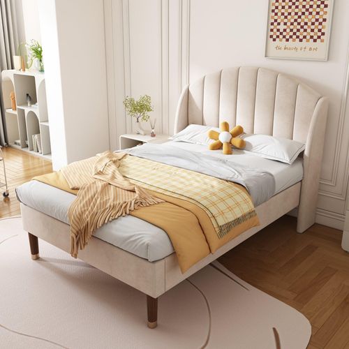Beige 90x200cm Polsterbett (Ohne Matratze) Mit Lattenrost und Kopfteil Samt Jugendbett