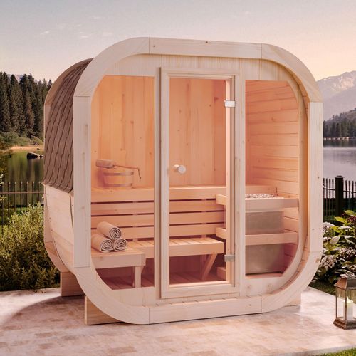 FinnTherm Fasssauna ScandiCube Mini XXS Fasssauna 1 Sitzbänke aus Holz , Sauna mit 42 mm Wandstärke, Außensauna mit Montagematerial