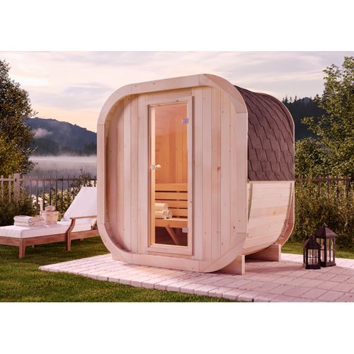 FinnTherm Fasssauna ScandiCube Mini XXS Fasssauna 1 Sitzbänke aus Holz , Sauna mit 42 mm Wandstärke, Außensauna mit Montagematerial