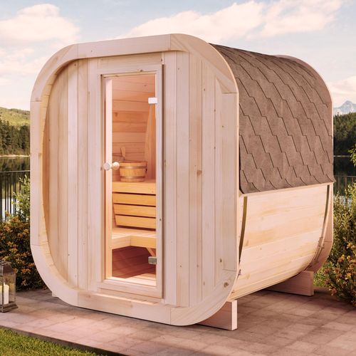 FinnTherm Fasssauna ScandiCube Mini XS Fasssauna 2 Sitzbänke aus Holz, Sauna mit 42 mm Wandstärke, Außensauna mit Montagematerial