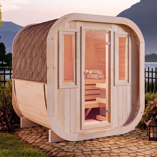 FinnTherm Fasssauna ScandiCube Mini XS Fasssauna 2 Sitzbänke aus Holz , Sauna mit 42 mm Wandstärke, Außensauna mit Montagematerial