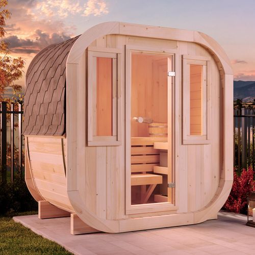 FinnTherm Fasssauna ScandiCube Mini XXS Fasssauna 1 Sitzbänke aus Holz, Sauna mit 42 mm Wandstärke, Außensauna mit Montagematerial