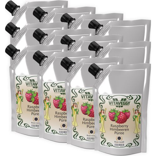 VITAVEGGY HIMBEERE Früchte-Püree 12x 1kg ohne Aroma- Farb- & Konservierungsmittel von Food-United geeignet für Babybrei-Obstbrei Himbeeren-Saft-Smoothie-Sorbet-Müsli-Joghurt-Quark GVO-Frei Glutenfrei & 100% natürlich