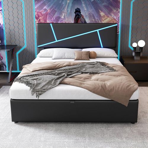 140x200cm Schwarz Polsterbett Mit LED-Lichtleisten und Stauraum Lattenrost PolyurethanDoppelbett Hydraulisches Funktionsbett Stauraumbett (ohne Matratze)