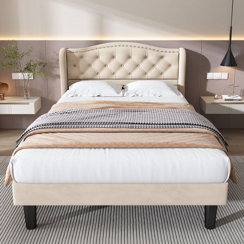 Beige 90x200cm Polsterbett Mit samtigen Kopfteil Knopf-Nachbildung und stabilen Holzplatten (ohne Matratze)