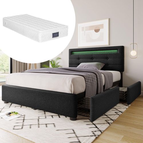 Schwarz 90x200cm Polsterbett (Mit Matratze) Mit LED und Schubladen Höhenverstellbarem Kopfteil Stauraumbett Hausbett