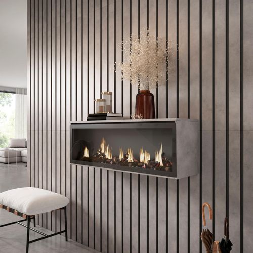 Elektrokamin LED XXL, 107x38x25cm, Wohnzimmer - Esszimmer, Hängend, Einbaukamin, Zementgrau