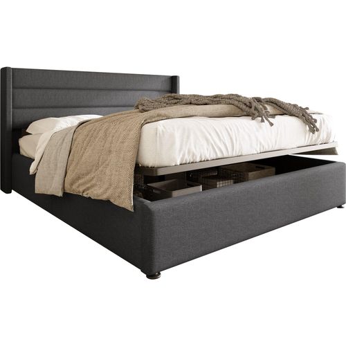 Leinen Stauraumbett Polsterbett Grau 180x200cm (Ohne Matratze) Hydraulisch Doppelbett , Lattenrost aus Holz, Bett mit Lattenrost aus Metallrahmen
