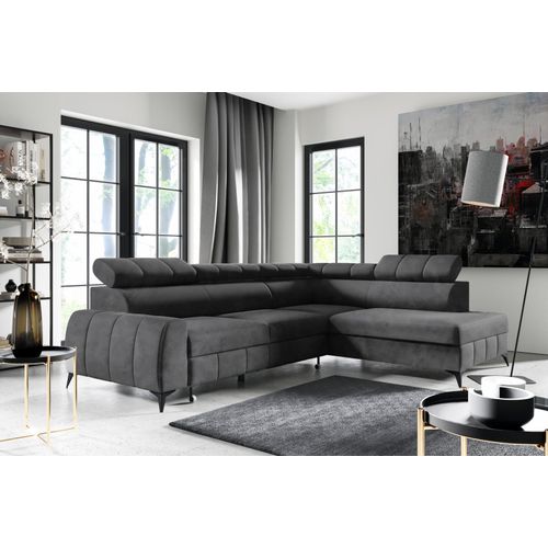 Wohnlandschaft Ecksofa Livorno Samt Grau Anthrazit mit Bett Bettkasten Kopfteilverstellung Bett Sofa Schlafsofa Ottomane rechts