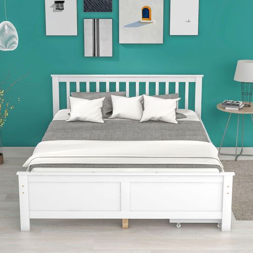 Weiß 140x200cm Holzbett Doppelbett Jugendbett Erwachsenenbett mit Schubladen zur Aufbewahrung Rahmen aus Kiefernholz (Ohne Matratze)