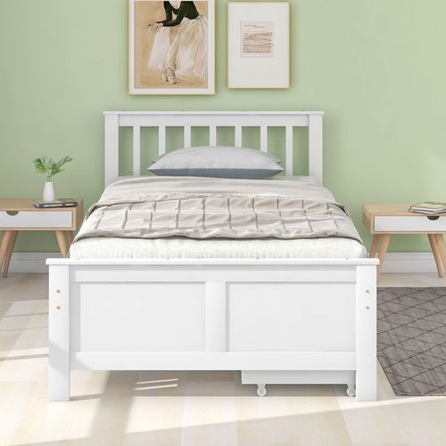 Weiß 90x200cm Holzbett Doppelbett Jugendbett Erwachsenenbett mit Schubladen zur Aufbewahrung Rahmen aus Kiefernholz (Ohne Matratze)