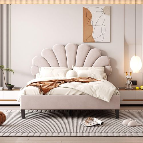 Beige Polsterbett 140x200cm (Ohne Matratze) mit blumenförmigem Kopfteil und Lattenrost Samtstoff Doppelbett (Ohne Matratze)