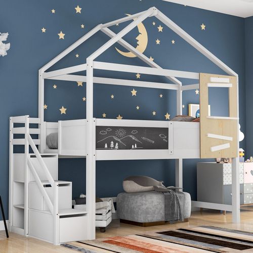 Weiß 200x90cm Kinderbett Mit Lattenrost Treppe mit 3 Schubladen Hausbett Holzbett (Ohne Matratze)