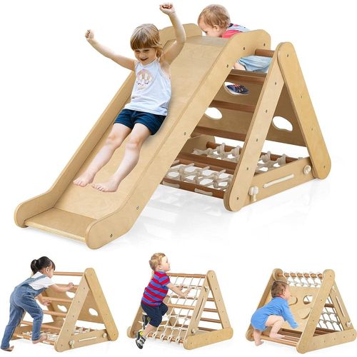 GOPLUS 3 in 1 Kletterdreieck mit Rutsche, Klettergerüst mit Leiter, Netz & Brett für Kinder ab 1 Jahren, Indoor Holzspielzeug mit Rampe