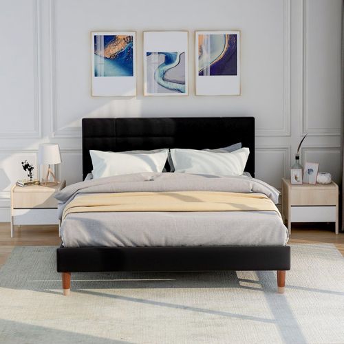 Leinen Polsterbett Schwarz 140x200cm Mit Lattenrost und Kopfteil Doppelbett Jugendbett (Ohne Matratze)