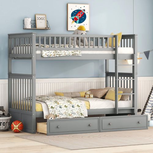 Kinderbett Grau 90x200cm mit Schubladen und Lattenrahmen Kann Einzeln Verwendet Werden Etagenbetten (Ohne Matratze)
