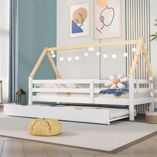 Weiß 90x200cm Kinderbett ausziehbar erweiterbar Lattenrost Hausbett Baumhausbett Jugendbett Holzbett (Ohne Matratze)