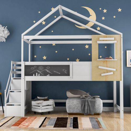 Kinderbett Weiß 200x90cm Mit Lattenrost Treppe mit 3 Schubladen Hausbett Holzbett (Ohne Matratze)