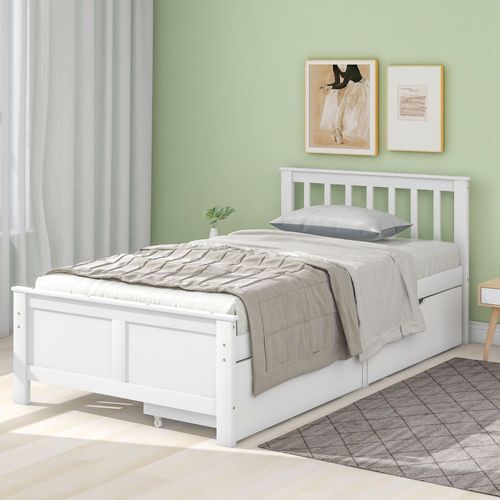 Holzbett Weiß 90x200cm Doppelbett Jugendbett Erwachsenenbett mit Schubladen zur Aufbewahrung Rahmen aus Kiefernholz (Ohne Matratze)