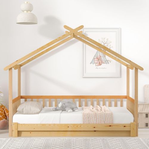 Kinderbett Beige 200x90cm erweiterbar Lattenrost Massivholz Doppelbett, Hausbett Jugendbett Holzbett (Ohne Matratze)
