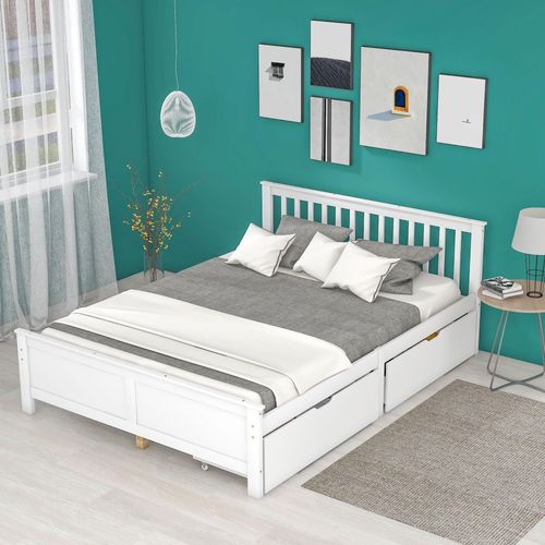 Holzbett Weiß 140x200cm Doppelbett Jugendbett Erwachsenenbett mit Schubladen zur Aufbewahrung Rahmen aus Kiefernholz (Ohne Matratze)