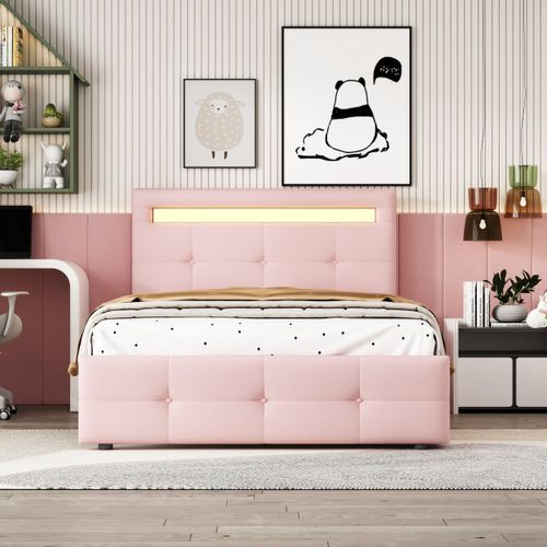 Leinen Polsterbett Rosa 90x200cm mit LED-Leuchten +2 Schubladen Verstellbares Kopfteil Jugendbett (Ohne Matratze)