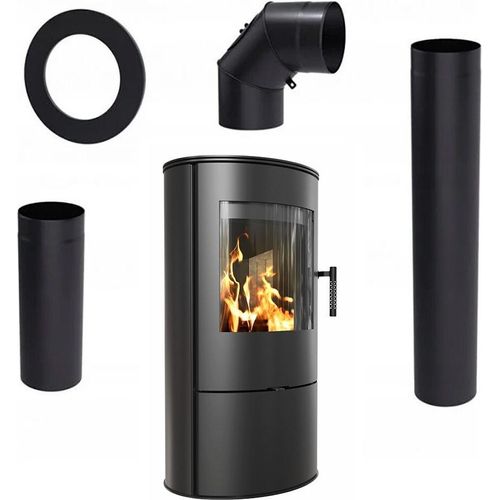 KAMINOFEN AUS STAHL ROLLO Ø 150 8 KW SCHWARZE THERMOTEC-AUSKLEIDUNG Satz