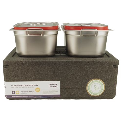 EPP Thermohauser Kühlbox Thermobox Transportbox inkl. 2x GN 1/2 150mm mit Fallgriffen+Deckel Silikonring