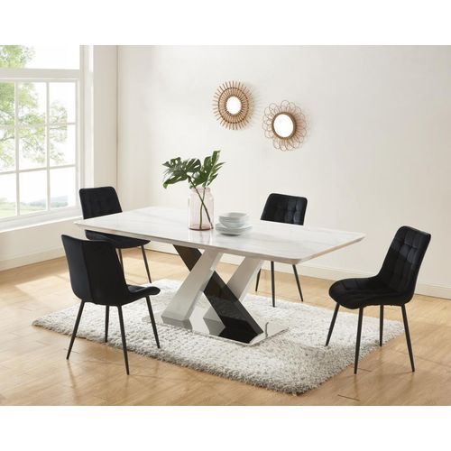 Esstisch 8 Personen - MDF & Edelstahl - Marmor-Optik Weiß & Schwarz - EVAELA
