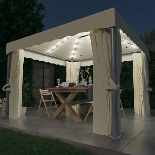 Ankonbej Pavillon mit Vorhängen & LED-Lichterkette 3x3 m Cremeweiß
