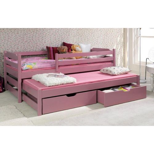 Kinderbett MARTIN II aus massiver Kiefer mit Aufbettung und Schubladen - 200x90 cm – rosa