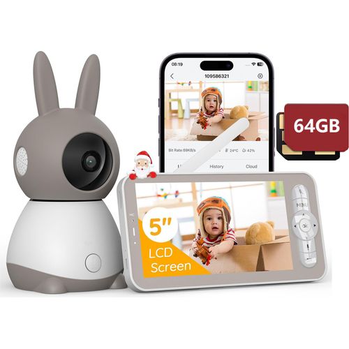 2K Babyphone mit Kamera PTZ 355° mit 64GB, 5“ Baby Monitor Auto-tracking, Weinen-|Geräuscherkennung, Temperatur- und Feuchtigkeitsmessung