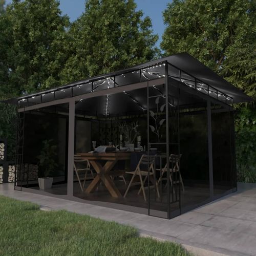 Ankonbej Pavillon mit Moskitonetz & LED-Lichterkette 4x3x2,73m Anthrazit