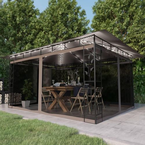 Ankonbej Pavillon mit Moskitonetz & LED-Lichterkette 4x3x2,73 m Taupe