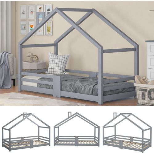 Kinderbett Grau 90x200cm (Ohne Matratze) Hausbett mit Schornstein Rausfallschutz Robuste Lattenroste,Kiefernholz Haus Bett for Kids