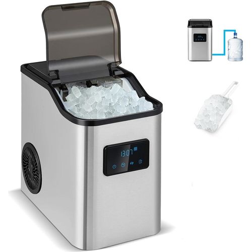Eiswürfelmaschine Edelstahl 24kg/24h, Kleiner Eiswürfelbereiter mit LED-Anzeige, Timer, Selbstreinigungsfunktion, 2 Einfüllmoeglichkeiten, 2,5 L Wassertank & Eisschaufel, Ice Cube Maker
